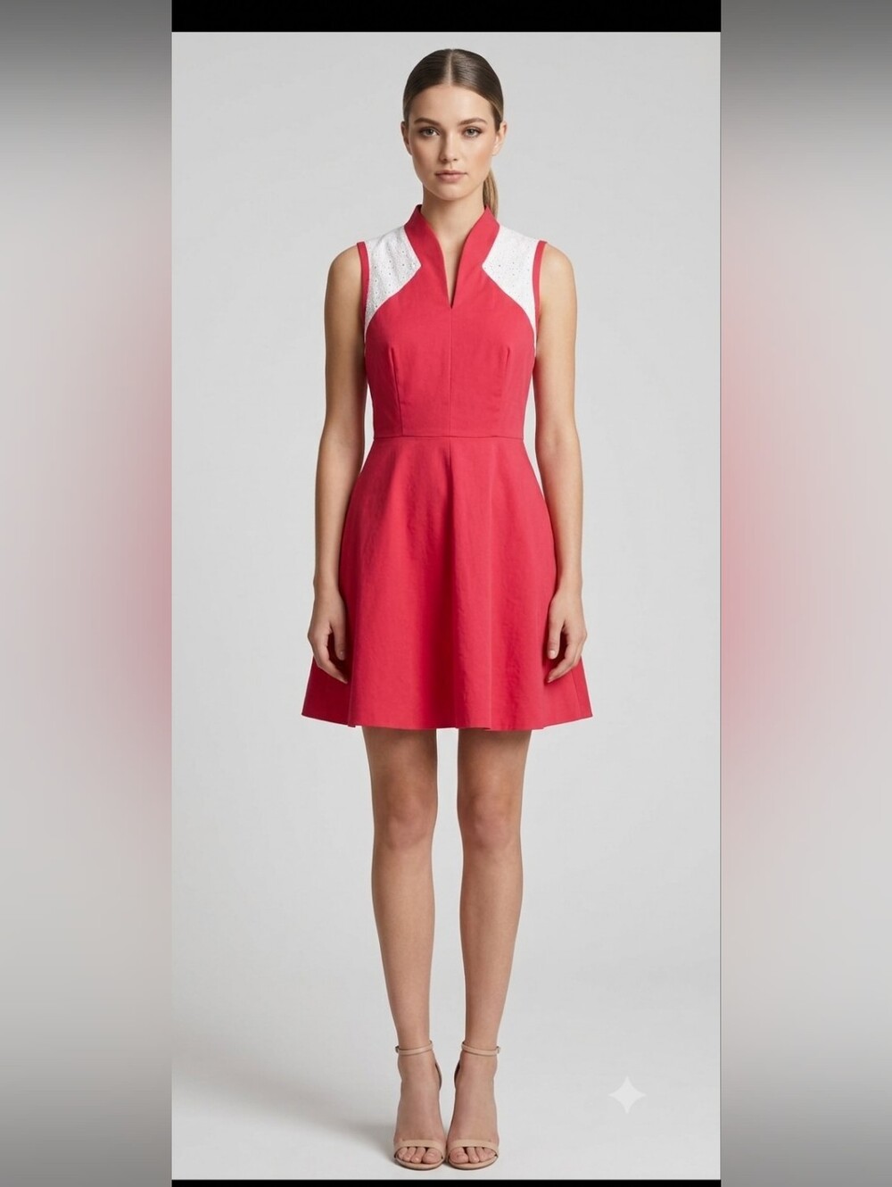Karen Millen Coral Fit-and-Flare Mini Dress with White Eyelet Details